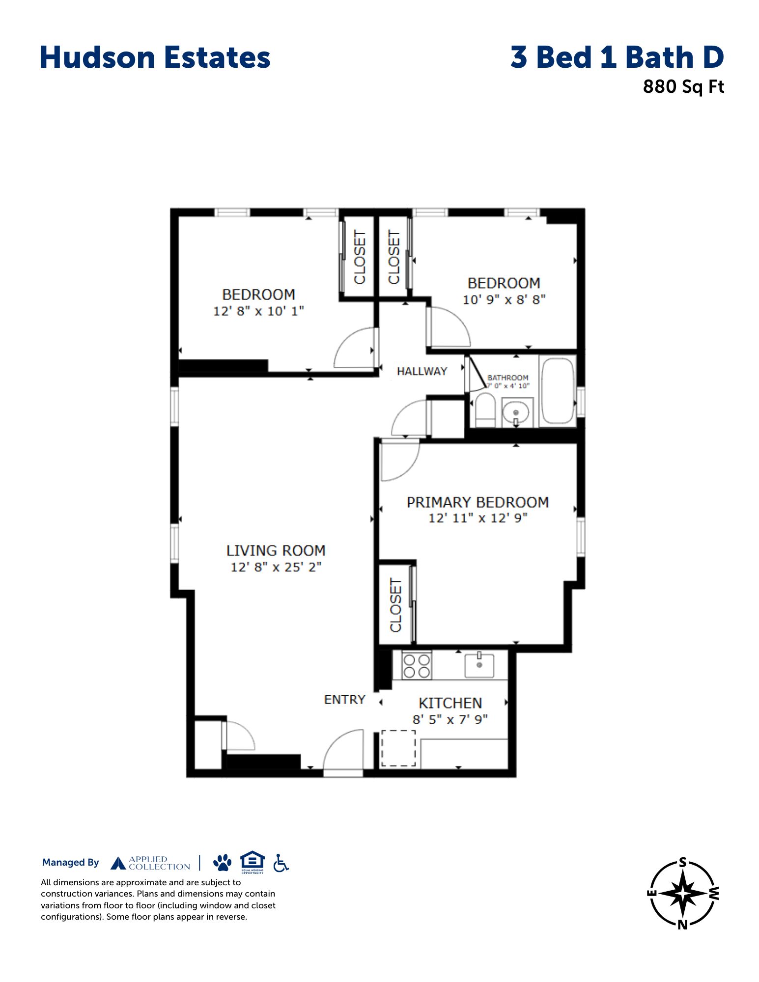 Floor plan for 3 beds, 1 bath, 880 sqft